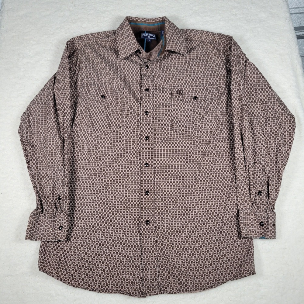 Panhandle Western Snap Shirt Mens Size M Brown Geometric Star Long Sleeve Cotton